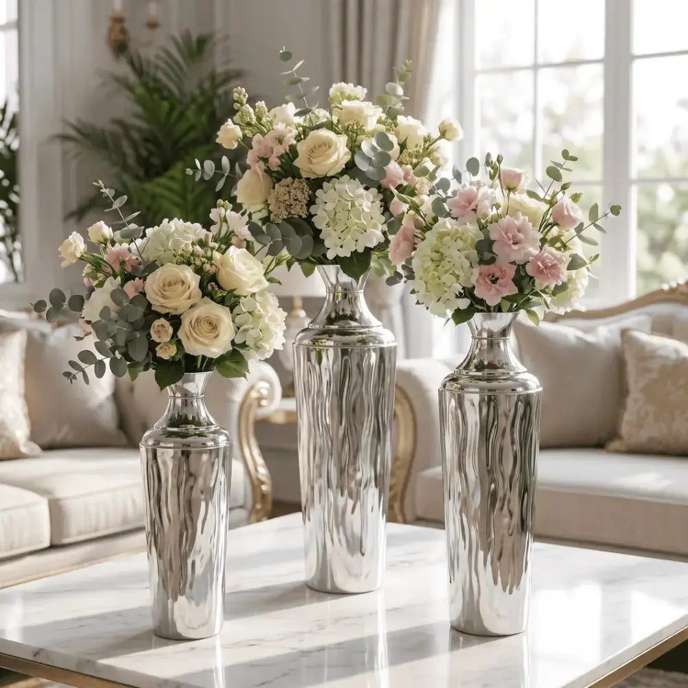 Silver Metallic Decorative Flower Vase Set of 3 Mall on Moon
