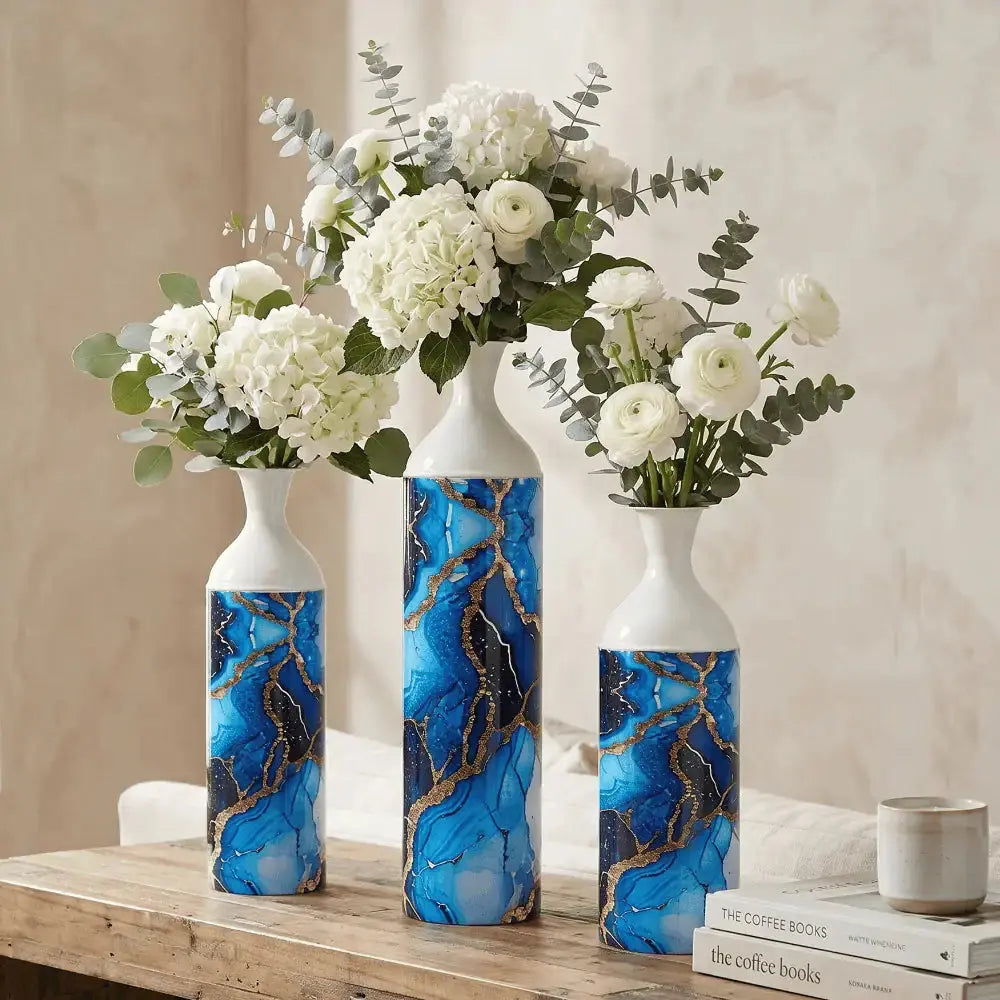 Blue Agate Marble Finish Decorative Flower Vase Set of 3 Mall on Moon