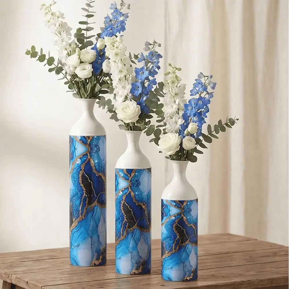 Blue Agate Marble Finish Decorative Flower Vase Set of 3 Mall on Moon
