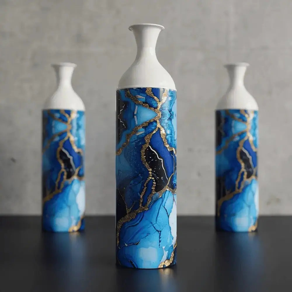 Blue Agate Marble Finish Decorative Flower Vase Set of 3 Mall on Moon