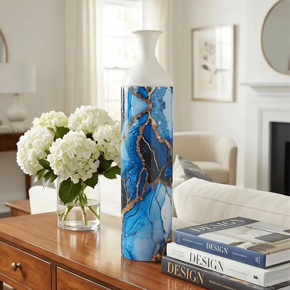Blue Agate Marble Finish Decorative Flower Vase Set of 3 Mall on Moon