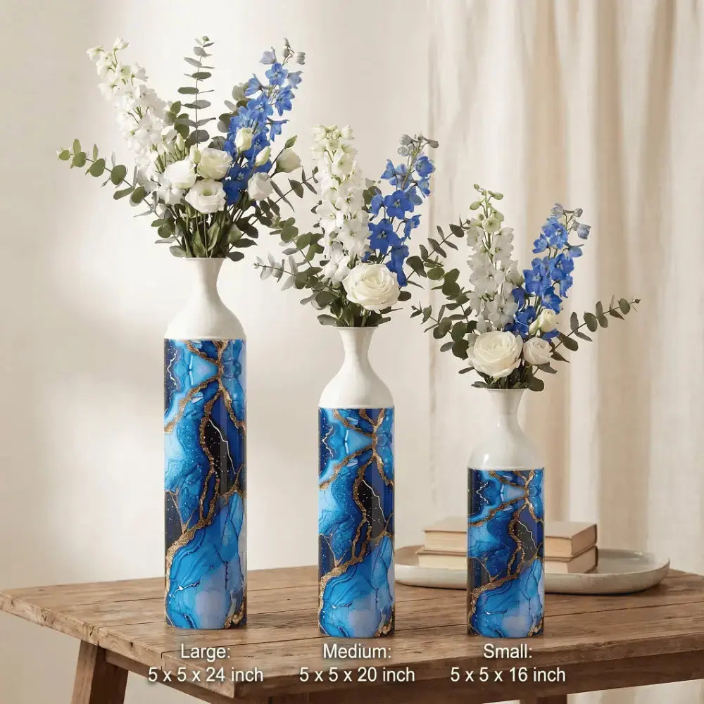 Blue Agate Marble Finish Decorative Flower Vase Set of 3 Mall on Moon