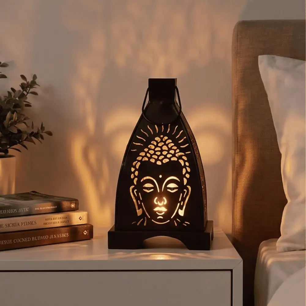 A black decorative Buddha head night light with warm yellow LED illumination, displayed on a white bedside table next to a bed in a cozy bedroom setting.