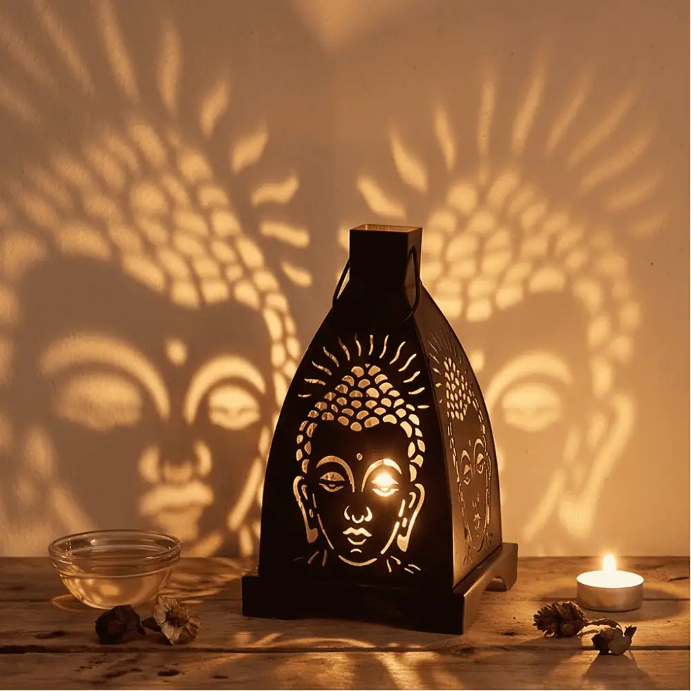 A black metal Buddha head lantern with intricate cutout details, glowing with warm light and casting a large Buddha face shadow on the wall behind it. The lantern is placed on a rustic wooden surface next to a small lit tea light candle and a glass bowl.