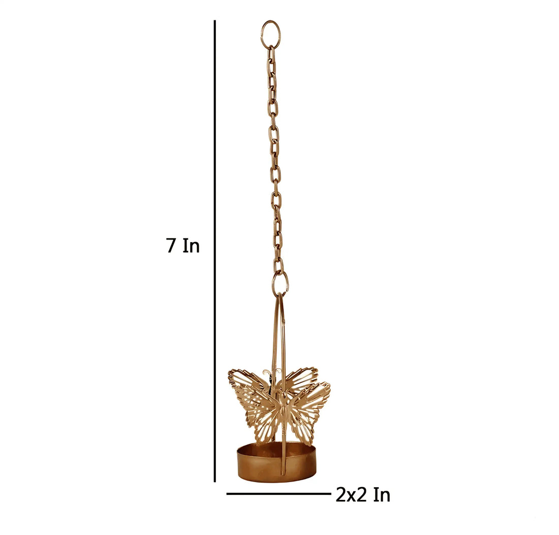 Gold butterfly-shaped hanging planter with a chain and cup, shown with dimension labels indicating 7 inches height and 2x2 inches width on a white background.