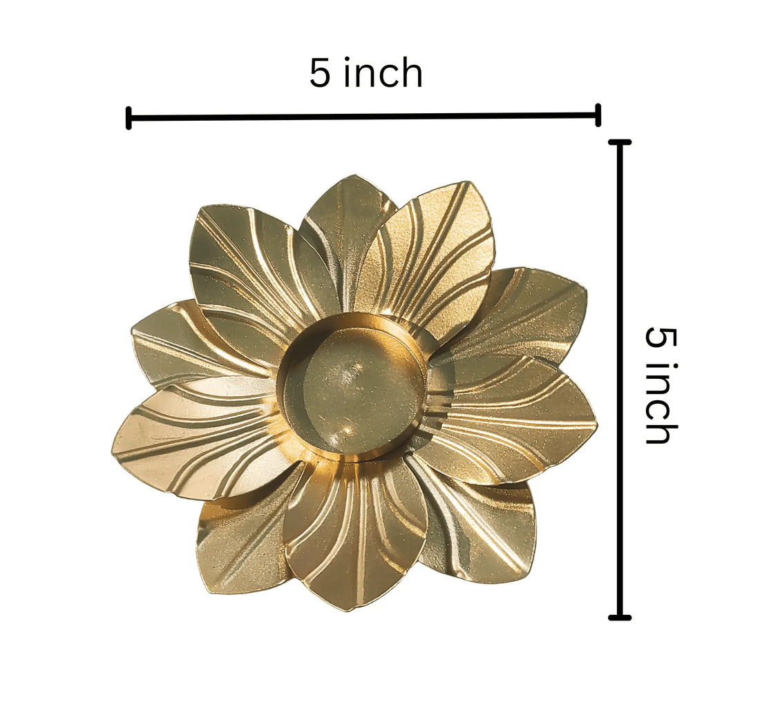 A gold-toned flower-shaped decorative object shown on a white background with black dimension lines and text indicating 5 inch width and 5 inch height.