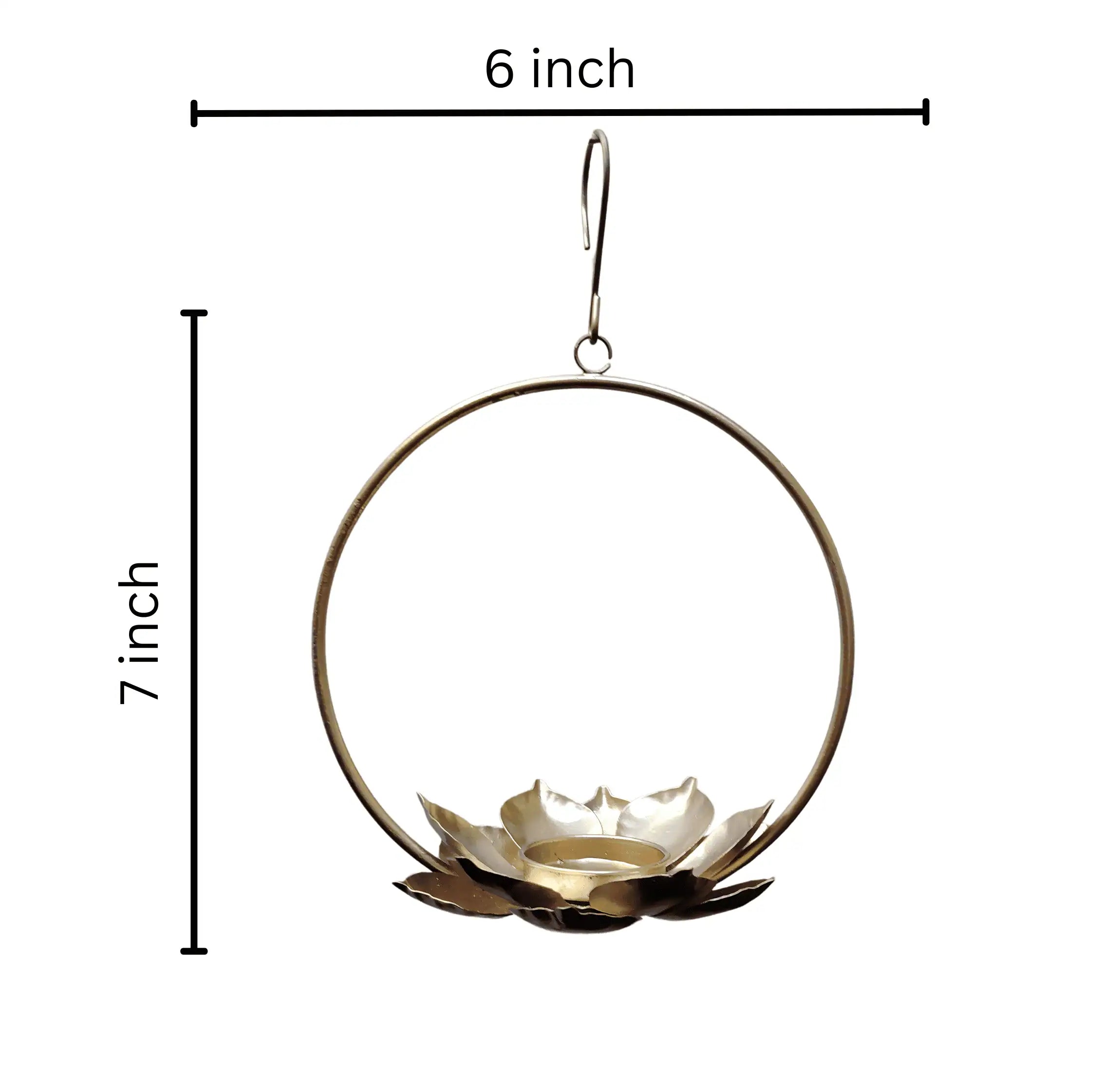 A hanging metal decor piece with a circular hoop, hook at the top, and a lotus-shaped flower base, shown with dimension lines indicating 6 inch width and 7 inch height on a white background.