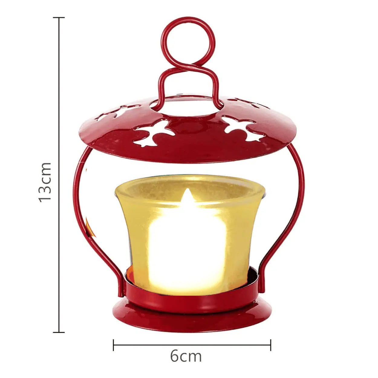 A red metal lantern candle holder with a yellow glass candle insert, shown on a white background with dimension lines indicating 13 cm height and 6 cm width.