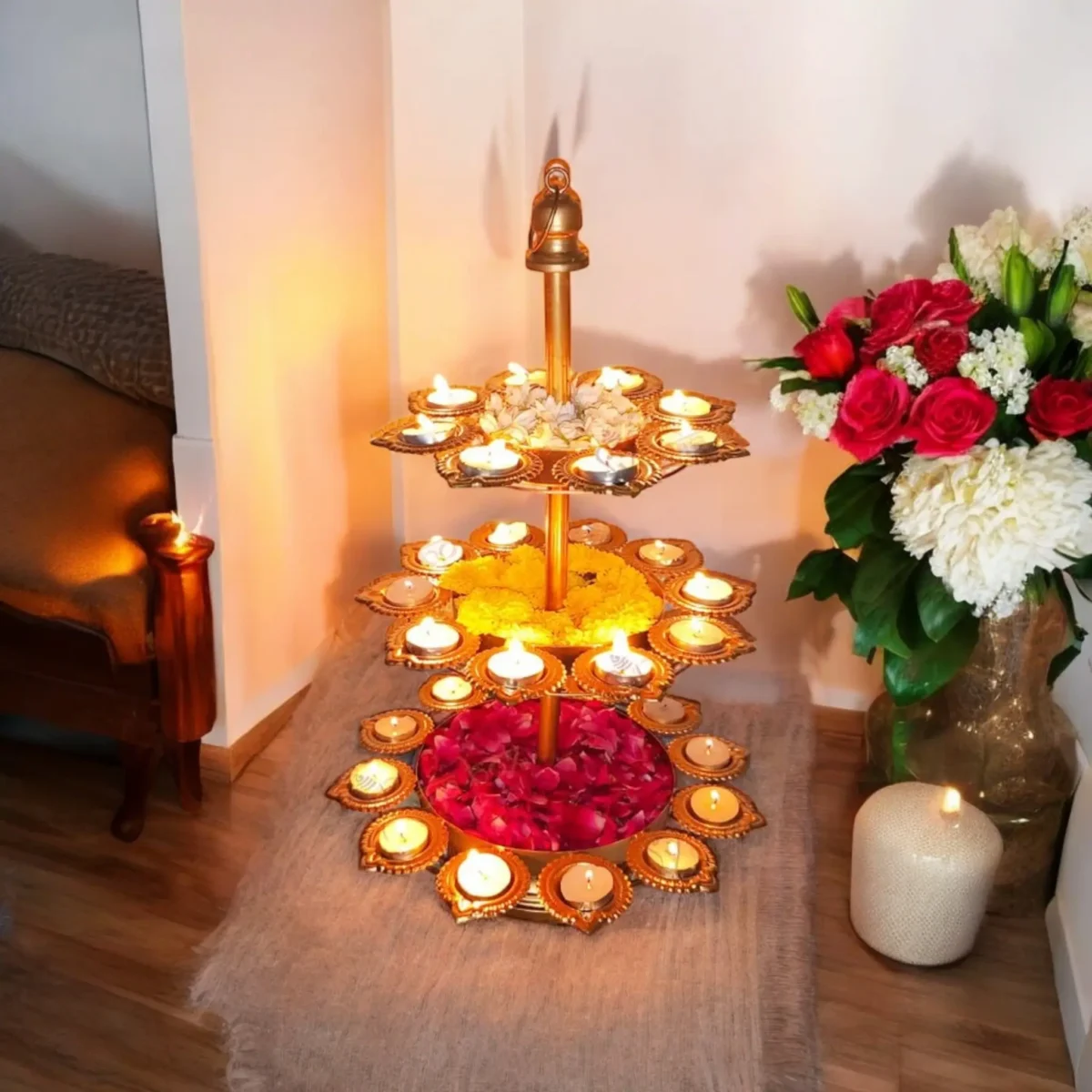 Metal Gold Urli Bowl Diya Stand For Diwali & Home Decor