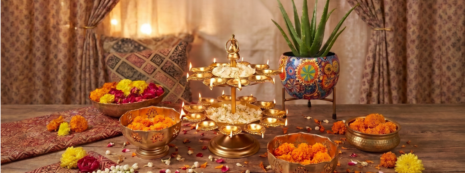 Brass urli bowls and diyas