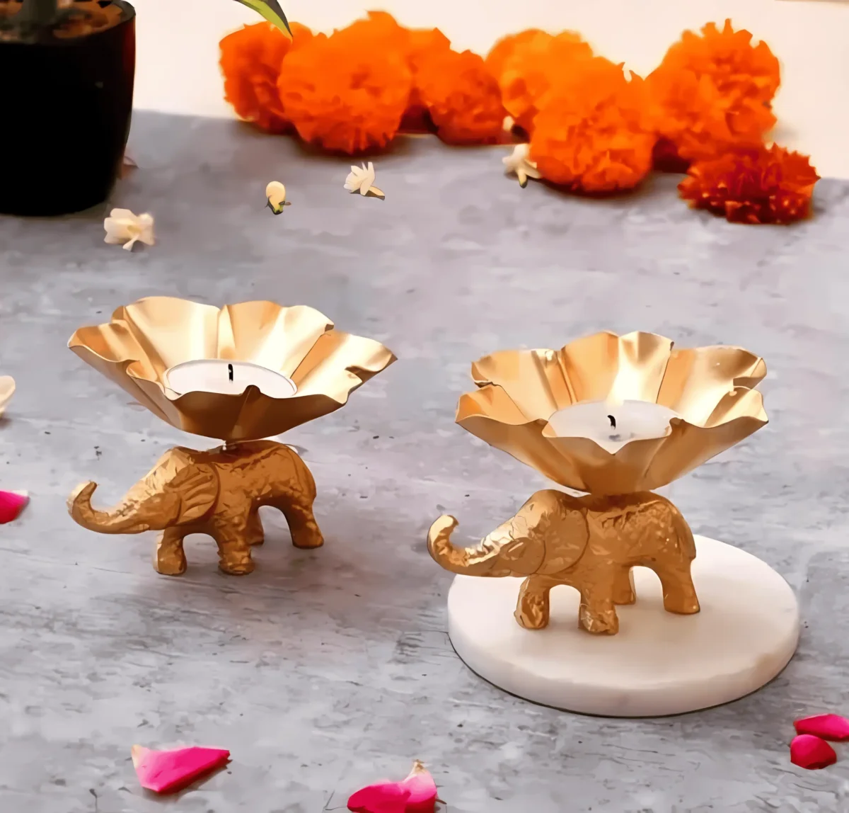 Gold Elephant-Shaped Aluminium Candle Holder